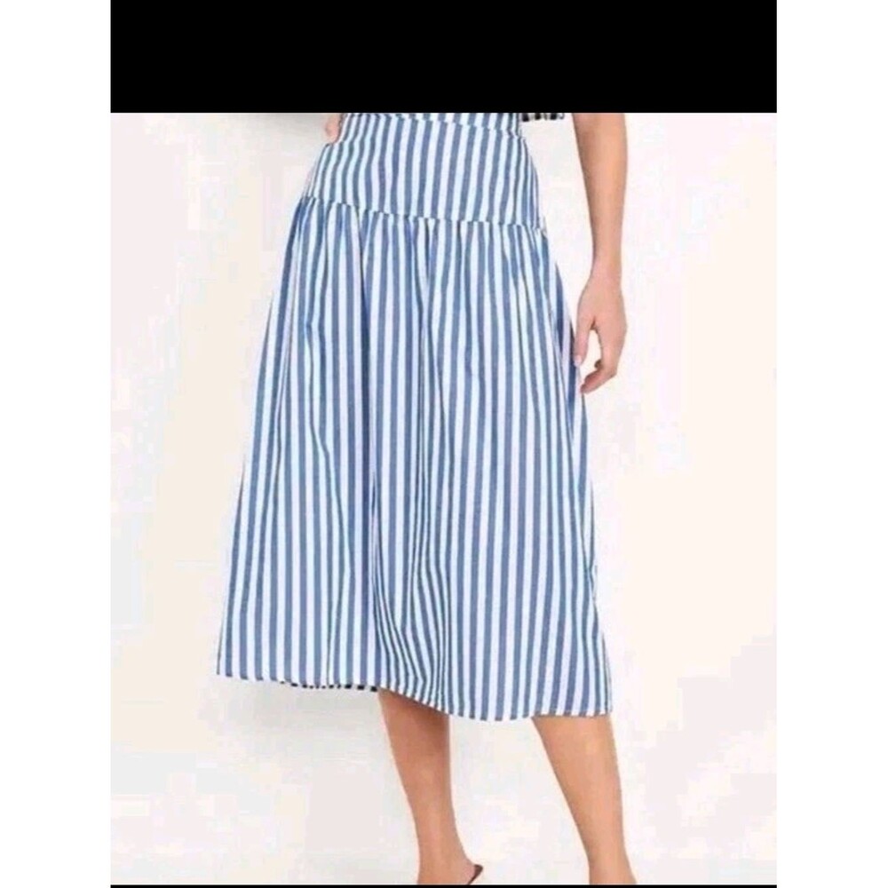 Old Navy Blue White Vertical Stripe Midi Skirt Drop Waist Preppy Cotton L TALL